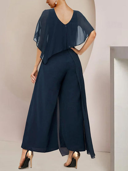 Round Neck Chiffon Solid Color Jumpsuit