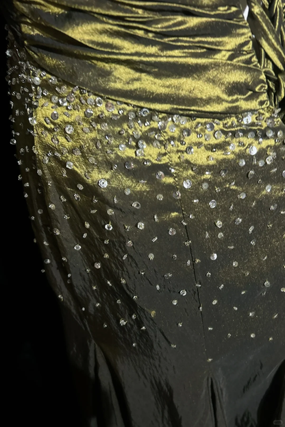 Retro Green Mermaid Strapless Beaded Pleated Satin Prom Dress Evening Dress SH3331