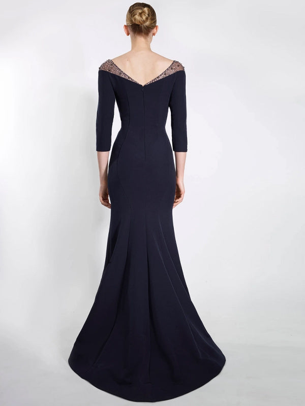 V-neck Solid Color Mesh Long Sleeves Maxi Dress