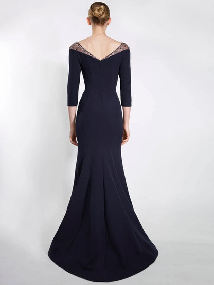 V-neck Solid Color Mesh Long Sleeves Maxi Dress