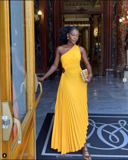 loveedsTM-Lady Roll Waist Sleeveless Pleated Ruched A-line Dress Women One Shoulder Sexy Prom Evening Dresses New Fahion Chothing