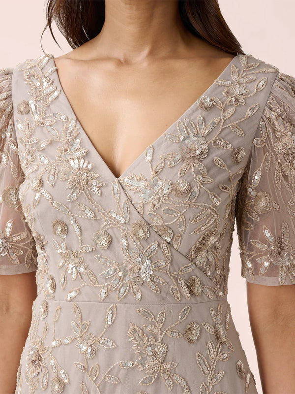 V-Neck Short Sleeves Beaded Maxi Dress