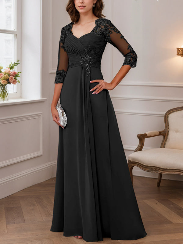 A-Line/Princess Sweetheart Neck 3/4 Length Sleeves Floor-Length Mother Of The Bride Dresses With Lace, Ruffles & Appliques