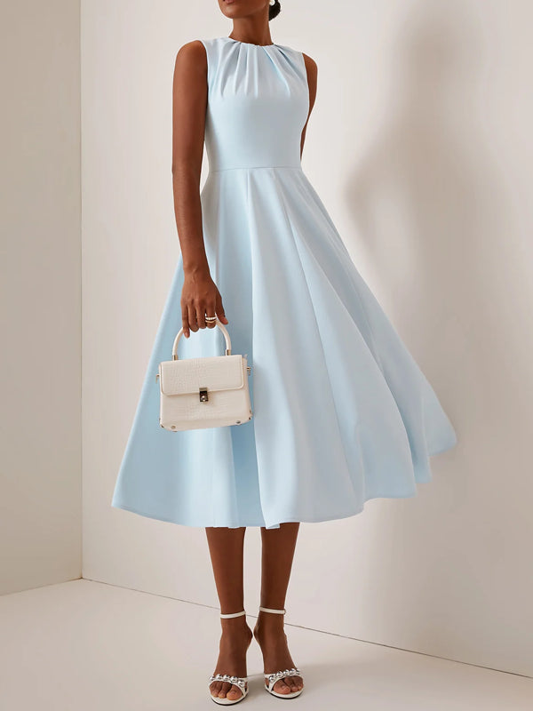 Ruched Crew Neck Sleeveless A-Line Midi Dress