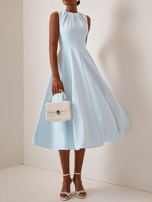 Ruched Crew Neck Sleeveless A-Line Midi Dress