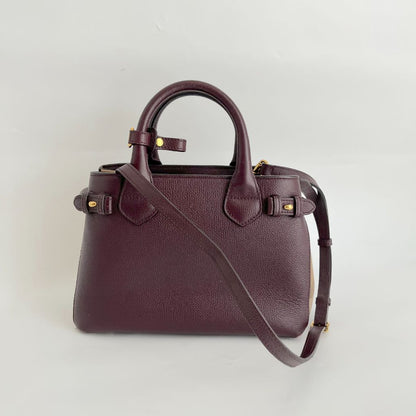 Burberry Burgundy/Beige Leather and House Check Fabric small banner tote