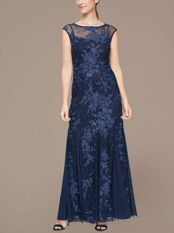 Embroidered Cap Sleeve Mermaid Gown with Godets