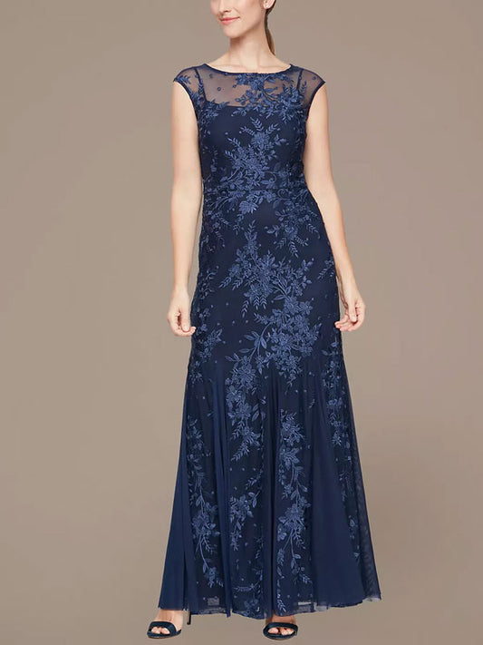Embroidered Cap Sleeve Mermaid Gown with Godets
