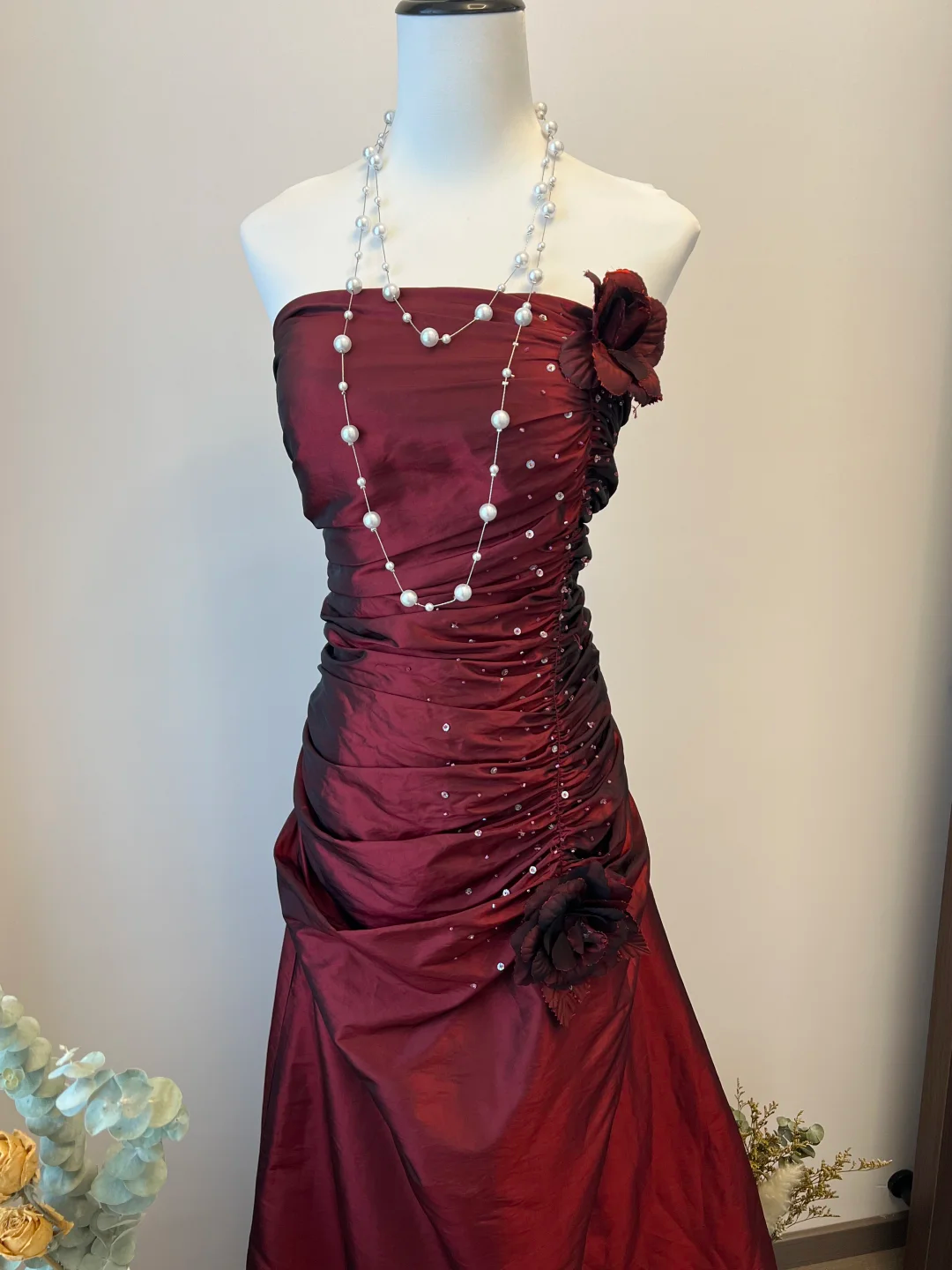 Vintage A Line Strapless Flower Pleated Burgundy Satin Long Prom Dress Party Dress SH3033