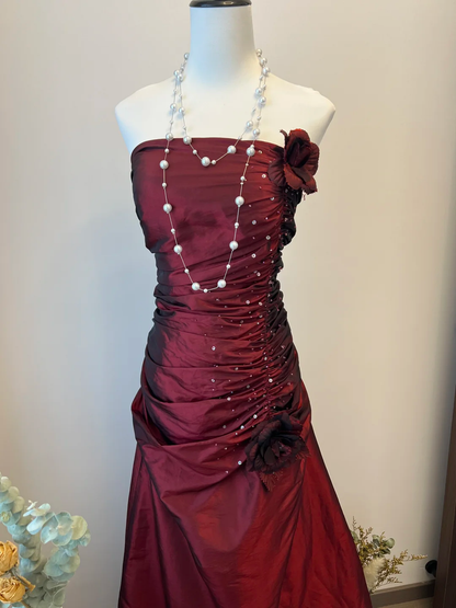Vintage A Line Strapless Flower Pleated Burgundy Satin Long Prom Dress Party Dress SH3033
