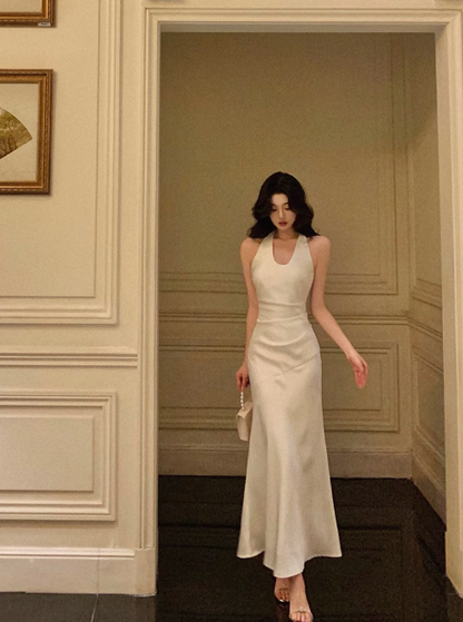 Sexy Mermaid Halter White Satin 18th Birthday Dress Ankle Length Party Birthday Outfits For Women DP0164