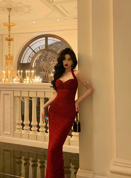 Vintage Sheath Halter Neckline Red Satin Sleeveless 18th Birthday Dress Party Gown Birthday Outfits For Women DP0210