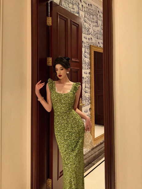 Vintage Mermaid Square Neckline Green Floral Sleeveless 18th Birthday Dress Party Gown Birthday Outfits For Women DP0200