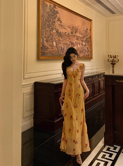 Cute A line V Neckline Yellow Floral Sleeveless 18th Birthday Dress Party Gown Birthday Outfits For Women DP0208