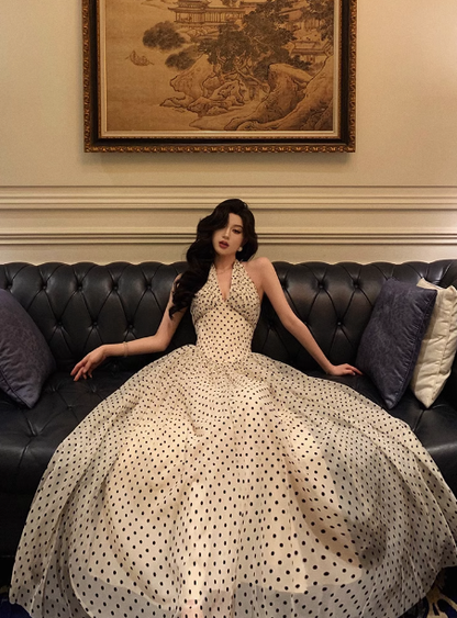 Sexy A line Halter Polka Dot Halter Neck 18th Birthday Dress Long Party Birthday Outfits For Women DP0160