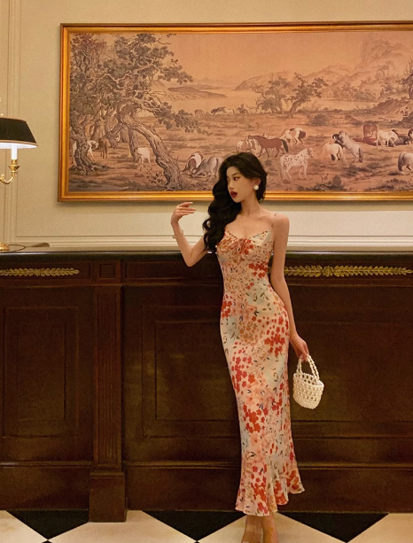 Sexy Mermaid Spaghetti Straps Floral Pink 18th Birthday Dress Holiday Party Birthday Outfits For Women DP0161