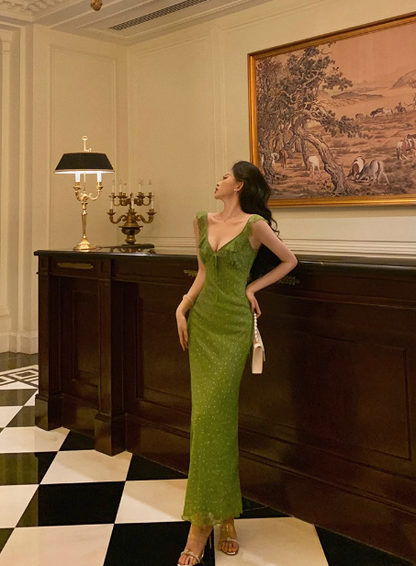 Vintage Mermaid V Neckline Green Floral Sleeveless 18th Birthday Dress Party Gown Birthday Outfits For Women DP0202