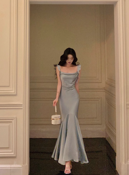 Vintage Mermaid Square Neckline Light Blue Satin Sleeveless 18th Birthday Dress Party Gown Birthday Outfits For Women DP0205