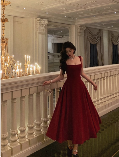 Vintage A Line Square Neckline Burgundy Satin Sleeveless 18th Birthday Dress Party Gown Birthday Outfits For Women DP0212