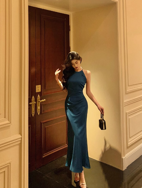 Pretty Mermaid Halter Navy Blue Satin 18th Birthday Dress Party Birthday Outfits For Women DP0167