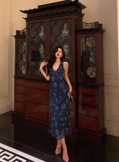 Vintage A line V Neckline Navy Blue Chiffon 18th Birthday Dress Party Gown Birthday Outfits For Women DP0196