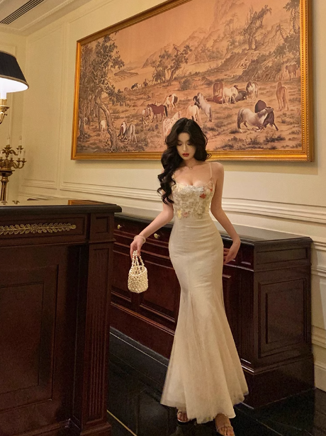 Sexy Mermaid Spaghetti Straps White Floral 18th Birthday Dress Long Party Birthday Outfits For Women DP0159