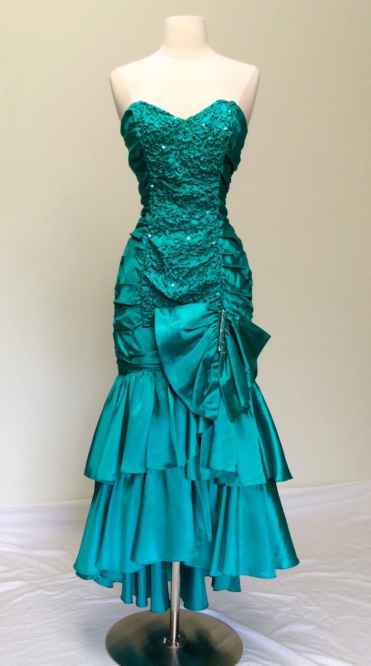 Vintage Blue Mermaid Strapless Bow Pleated Satin Party Dress Evening Dress SH3602