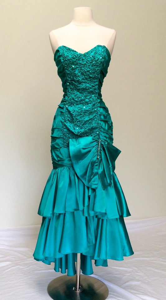 Vintage Blue Mermaid Strapless Bow Pleated Satin Party Dress Evening Dress SH3602