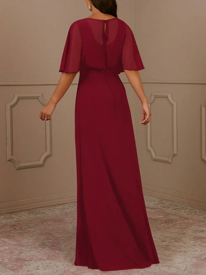 A-Line V-Neck Pleated Chiffon Dress