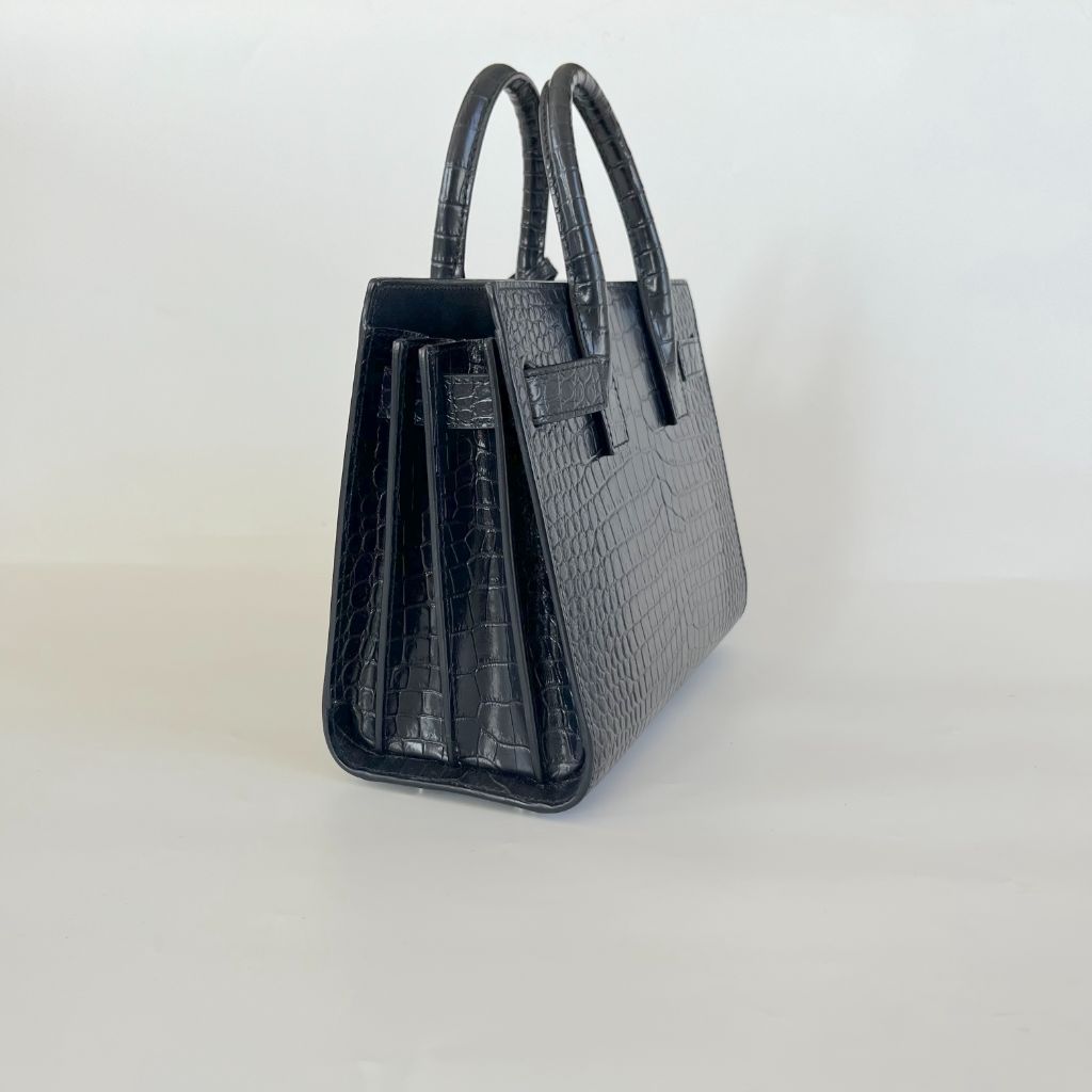 Saint Laurent navy croc embossed shiny leather Nano Sac De Jour bag