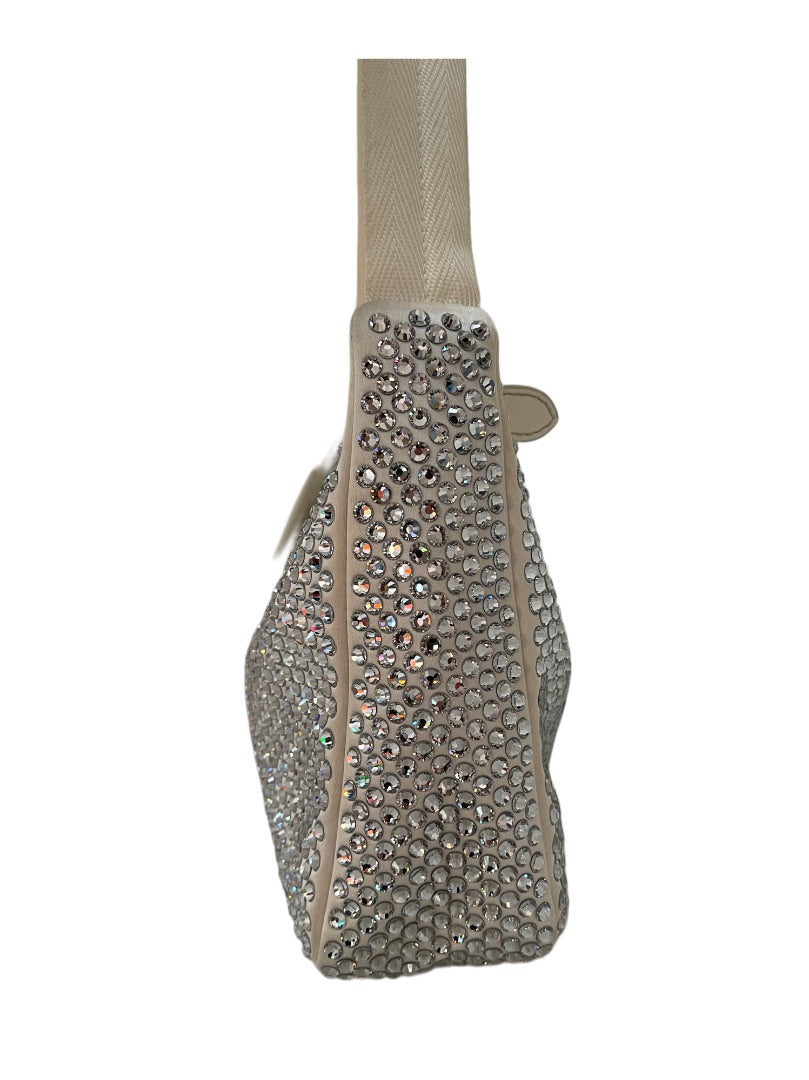 Prada White Re - Edition 2000 Satin Crystal Embellished Shoulder Bg