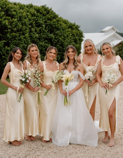 Elegant A Line Spaghetti Strap Yellow Satin Evening Dress Bridesmaid Dress with Slit SH2696