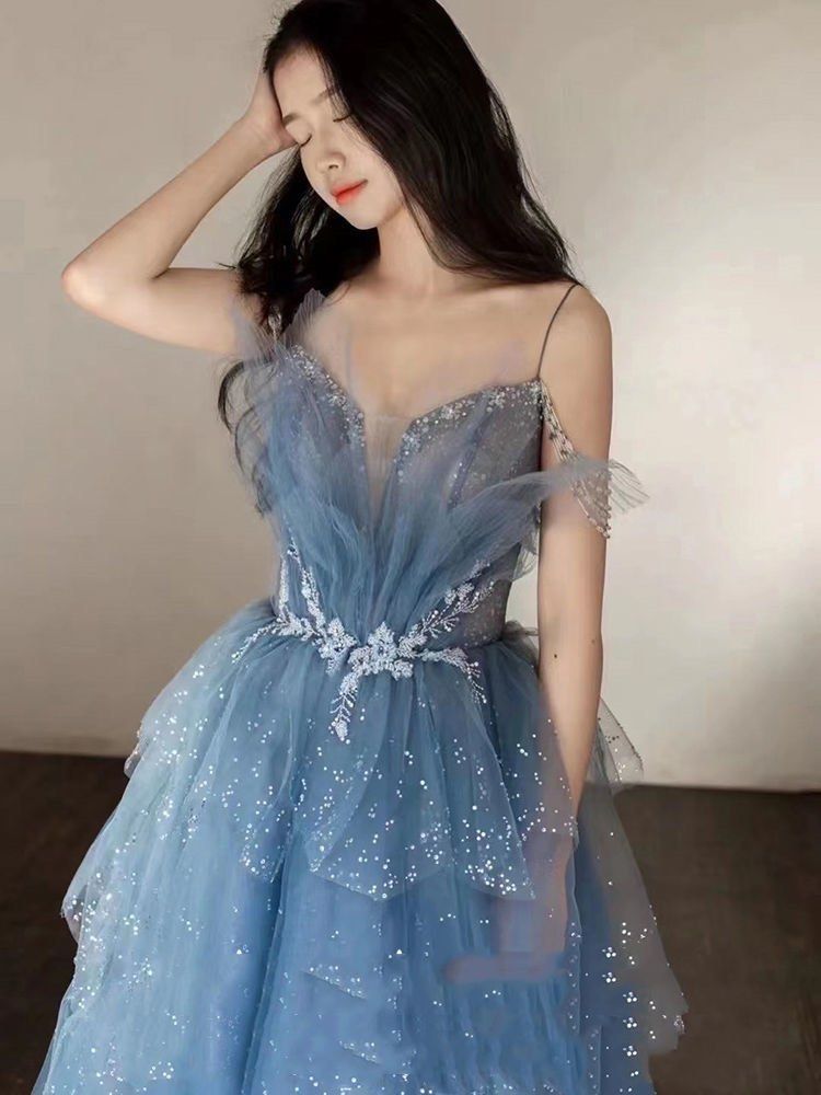 Blue gorgeous tulle beaded long A-line ball gown evening dress gh2105