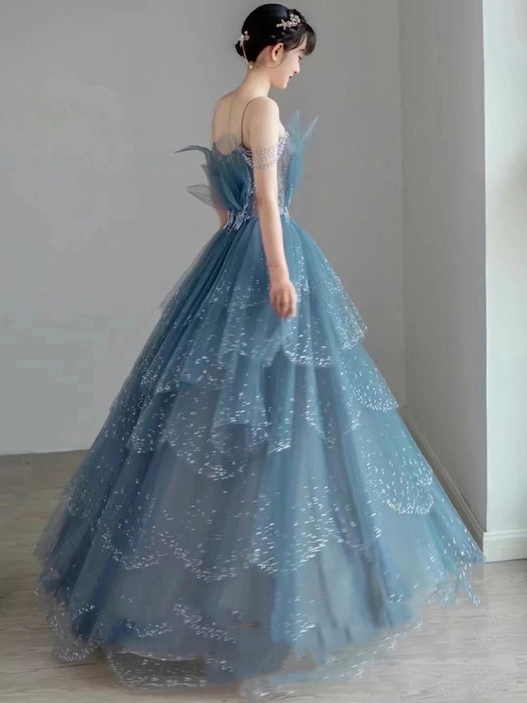 Blue gorgeous tulle beaded long A-line ball gown evening dress gh2105