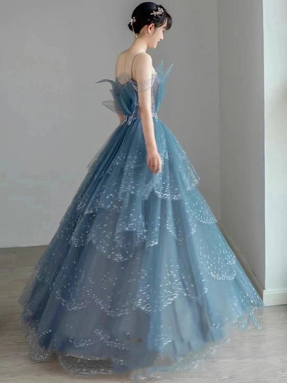 Blue gorgeous tulle beaded long A-line ball gown evening dress gh2105
