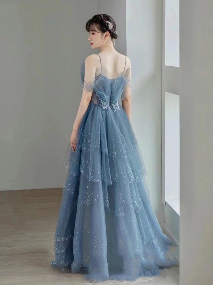 Blue gorgeous tulle beaded long A-line ball gown evening dress gh2105