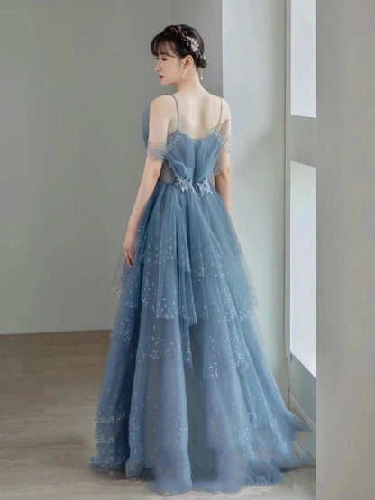 Blue gorgeous tulle beaded long A-line ball gown evening dress gh2105
