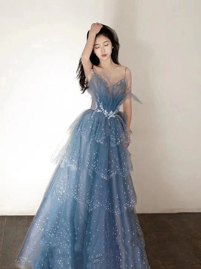 Blue gorgeous tulle beaded long A-line ball gown evening dress gh2105