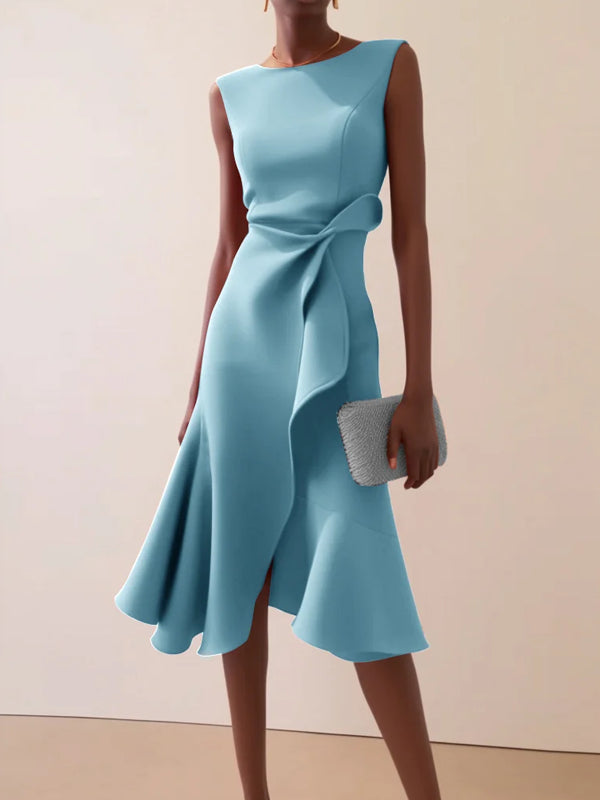 Ruffled Classic Boat Neck Sleeveless Midi Elegant A-line Dress with Waist Twist for Day-to-Night