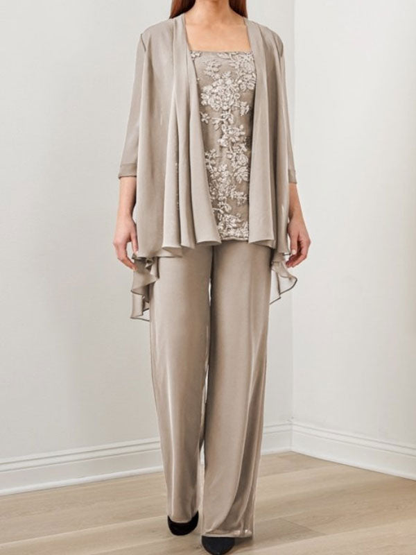 Suit Sequined Chiffon Embroidered Top + Chiffon Long Pants