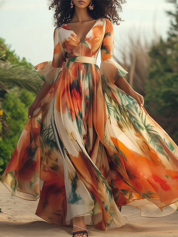 Orange Holiday Floral Print V Neck Maxi Dress