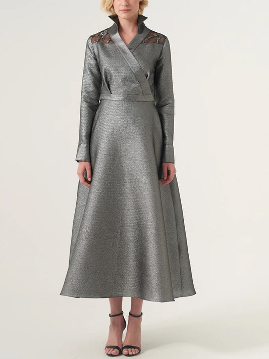 Lapel Solid Color Midi Dress