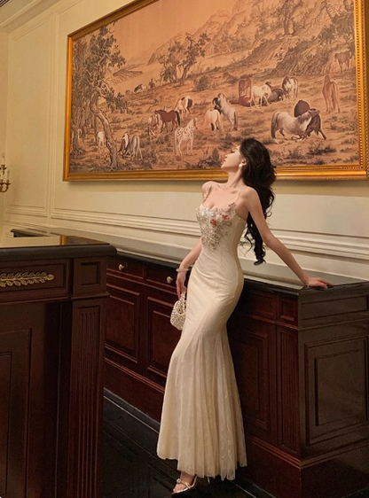 Sexy Mermaid Spaghetti Straps White Floral 18th Birthday Dress Long Party Birthday Outfits For Women DP0159