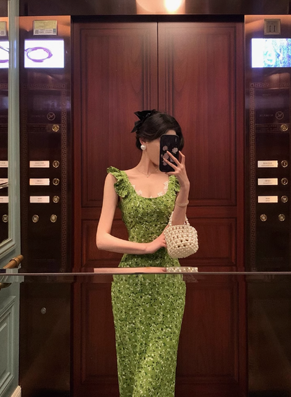 Vintage Mermaid Square Neckline Green Floral Sleeveless 18th Birthday Dress Party Gown Birthday Outfits For Women DP0200