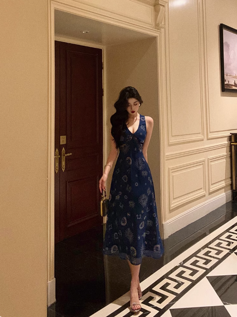 Vintage A line V Neckline Navy Blue Chiffon 18th Birthday Dress Party Gown Birthday Outfits For Women DP0196