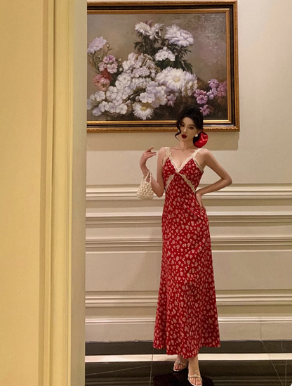 Cute A line V Neckline Red Floral Sleeveless 18th Birthday Dress Party Gown Birthday Outfits For Women DP0207