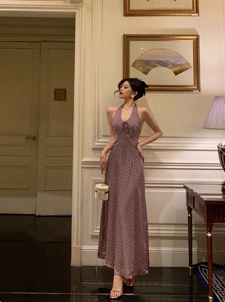 Pretty A line Halter Grape Polka Dots 21st Birthday Dress Party Outfits Birthday Outfits For Women DP0191