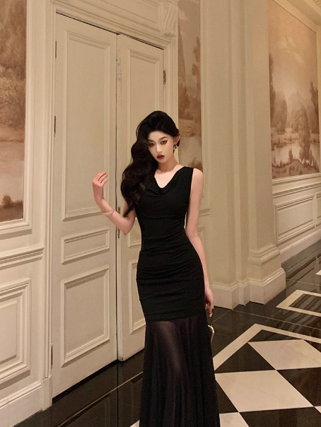 Cute Mermaid V Neckline Black Sleeveless 18th Birthday Dress Party Gown Birthday Outfits For Women DP0204