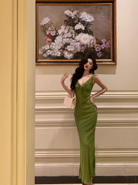 Vintage Mermaid V Neckline Green Floral Sleeveless 18th Birthday Dress Party Gown Birthday Outfits For Women DP0202