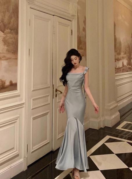 Vintage Mermaid Square Neckline Light Blue Satin Sleeveless 18th Birthday Dress Party Gown Birthday Outfits For Women DP0205